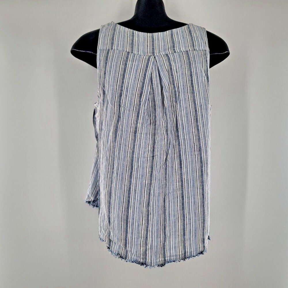 CLOTH & STONE Blue White Striped Tank Top Linen Blend Buttons Raw Hem Edge Large - Picture 4 of 7